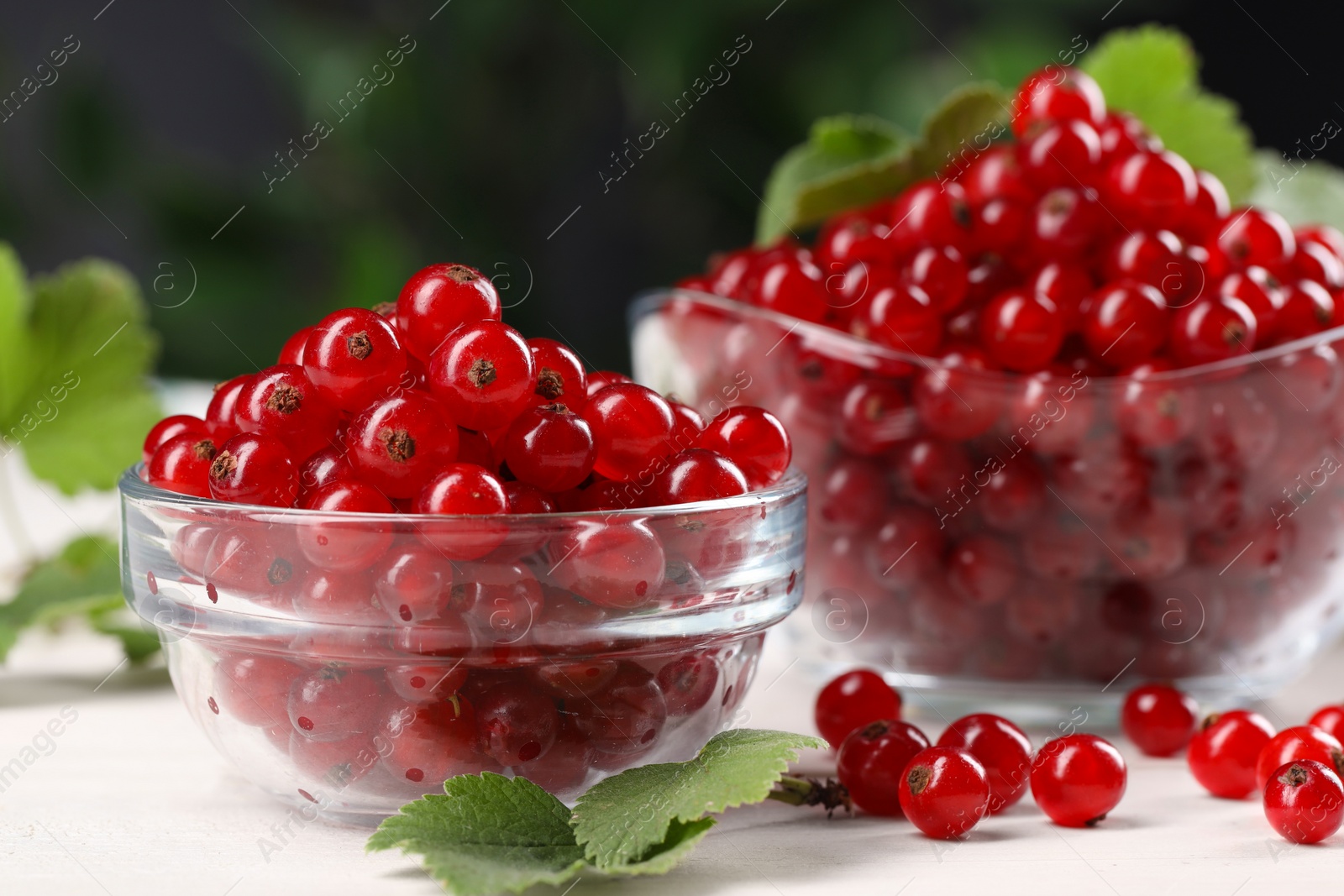 Photo of Many ripe red currants and leaves on white wooden table, closeup