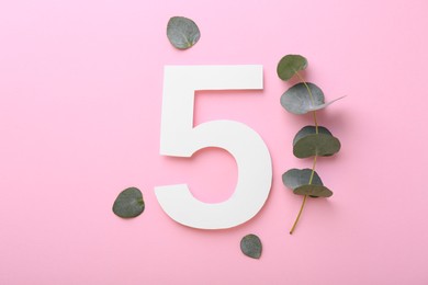 Photo of Paper number 5 and eucalyptus leaves on pink background, flat lay