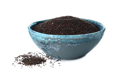 Bowl with black quinoa on white background