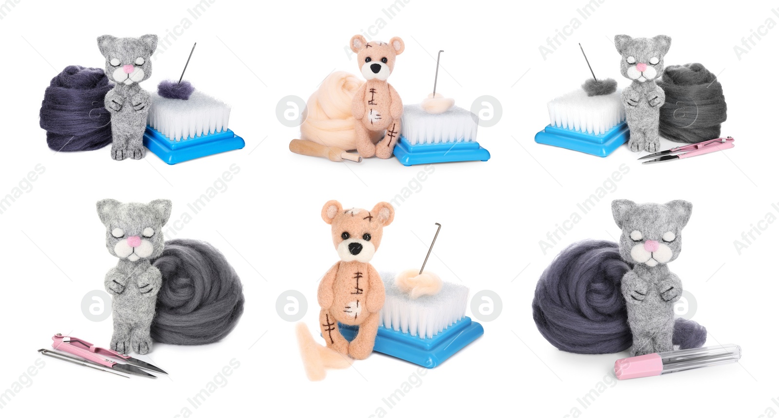 Image of Felted toys, wool and different tools isolated on white, set