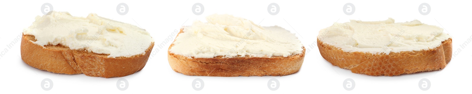 Image of Toasted bread with tasty cream cheese on white background, collage. Banner design