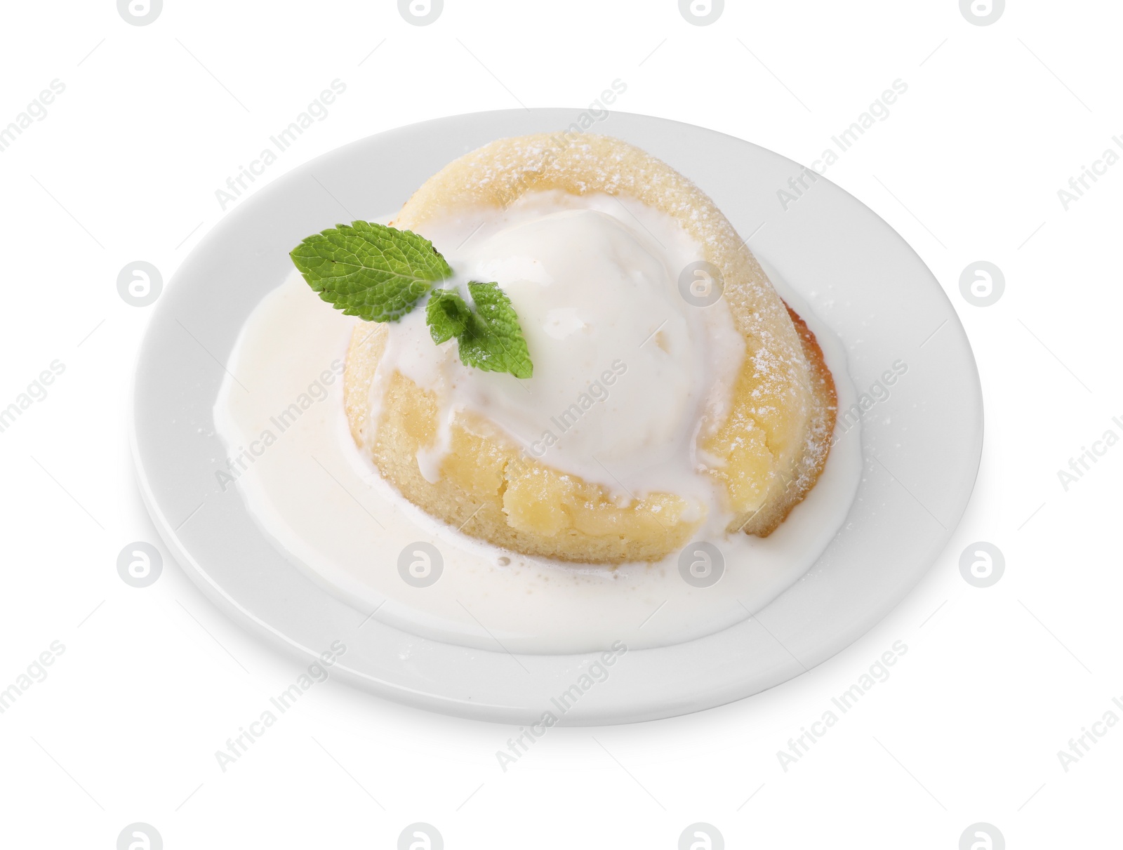 Photo of Delicious vanilla fondant with ice cream isolated on white