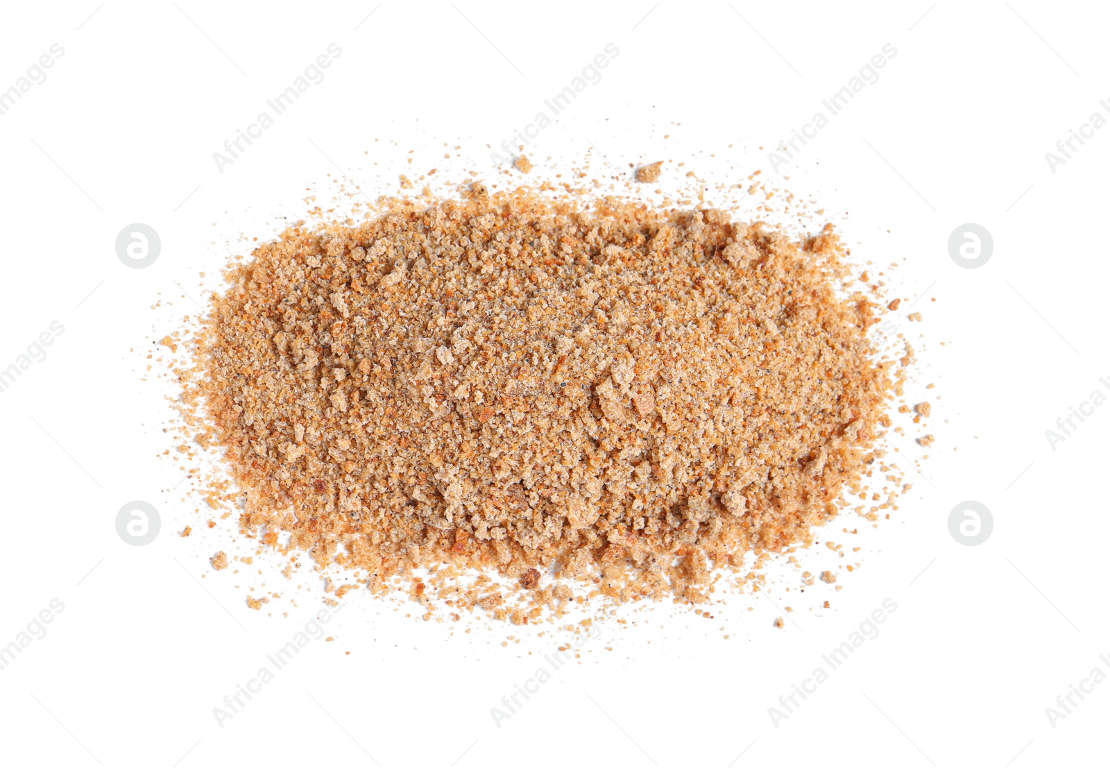 Photo of Pile of fresh bread crumbs isolated on white, top view