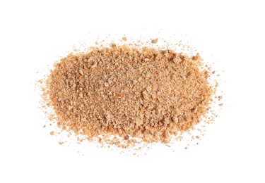 Pile of fresh bread crumbs isolated on white, top view