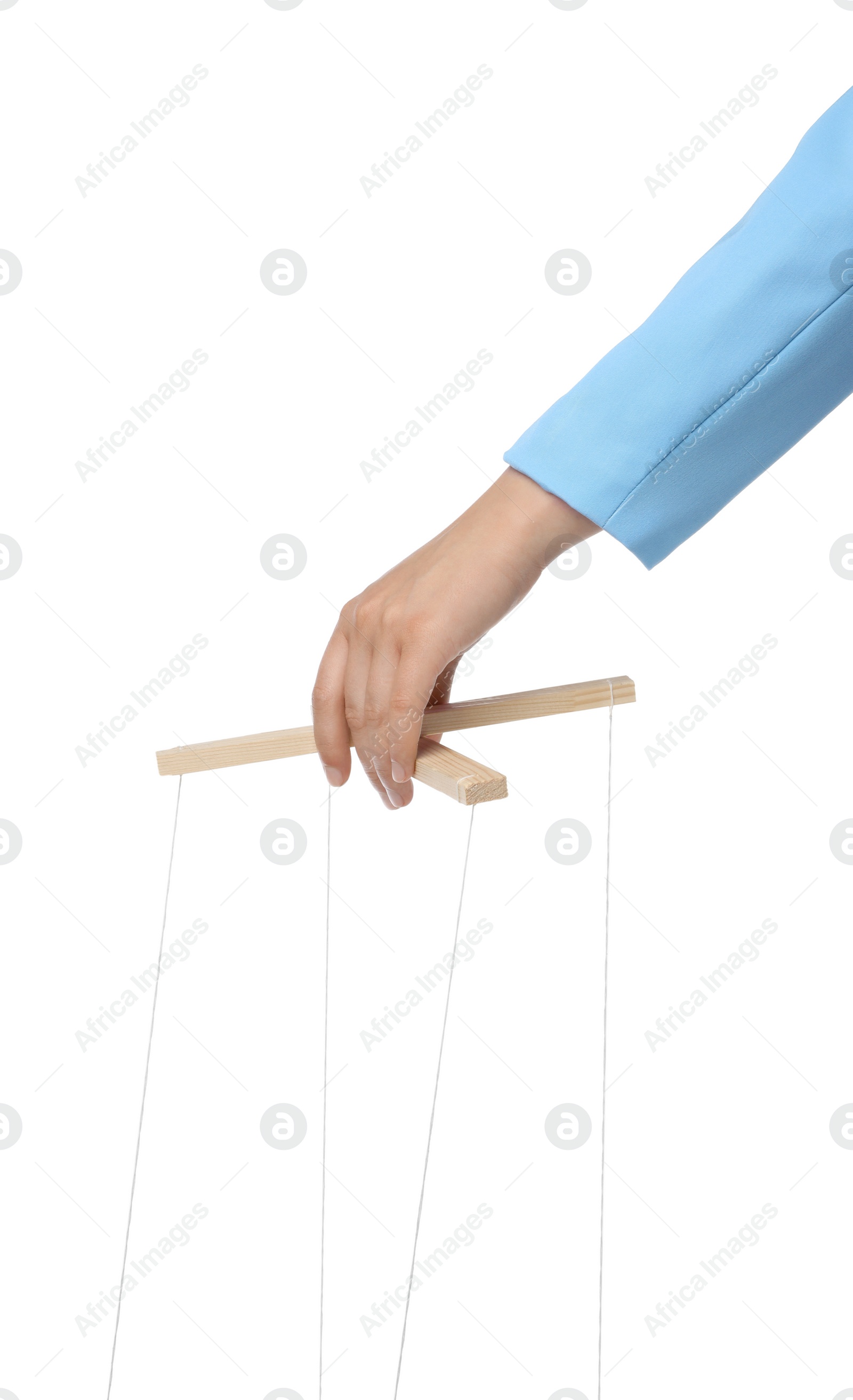 Photo of Woman pulling strings of puppet on white background, closeup