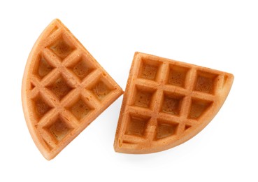 Two tasty Belgian waffles isolated on white, top view
