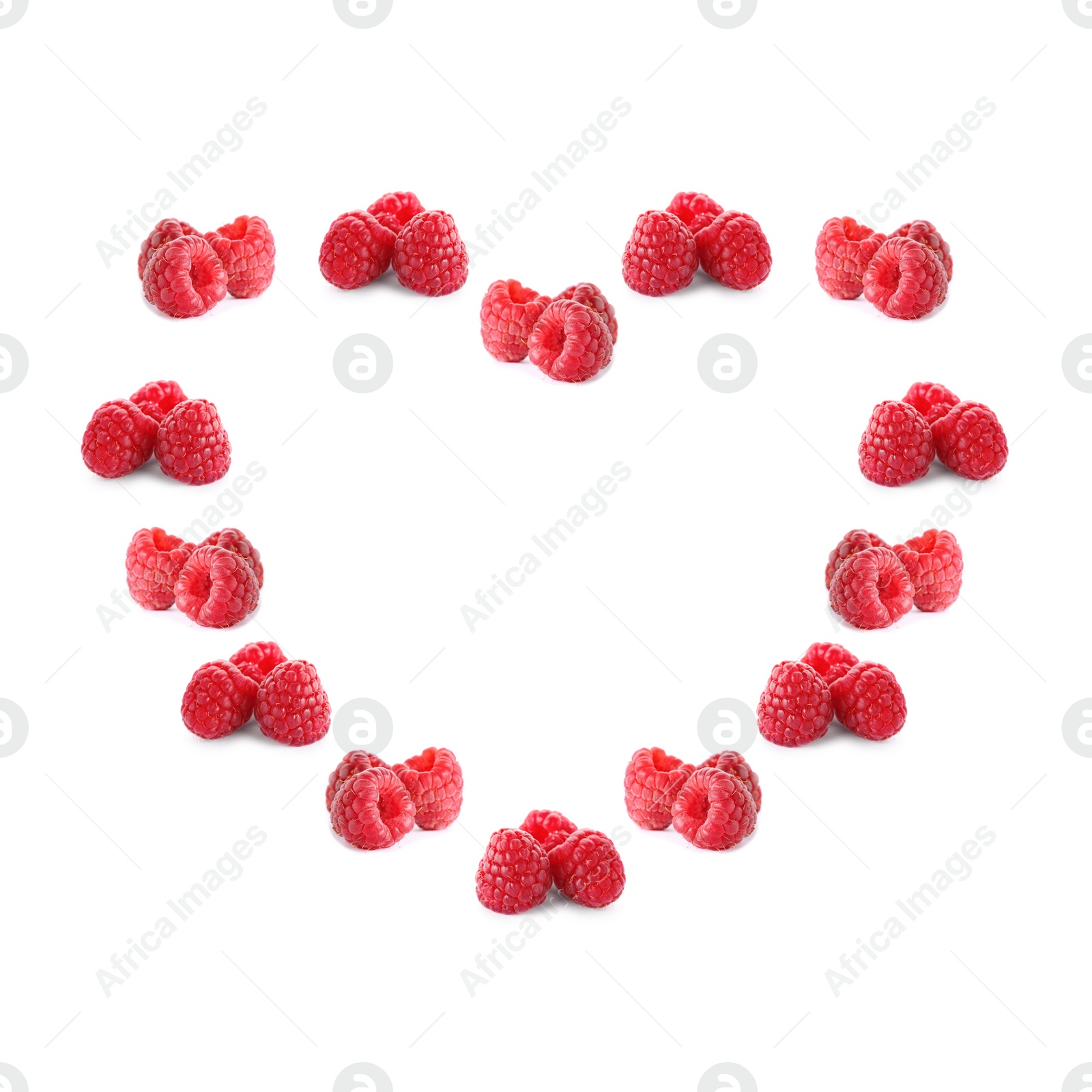 Image of Heart made of ripe raspberries on white background