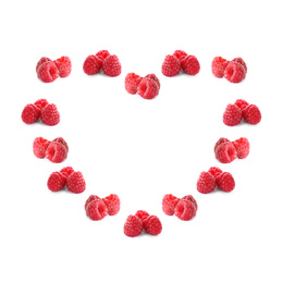 Heart made of ripe raspberries on white background