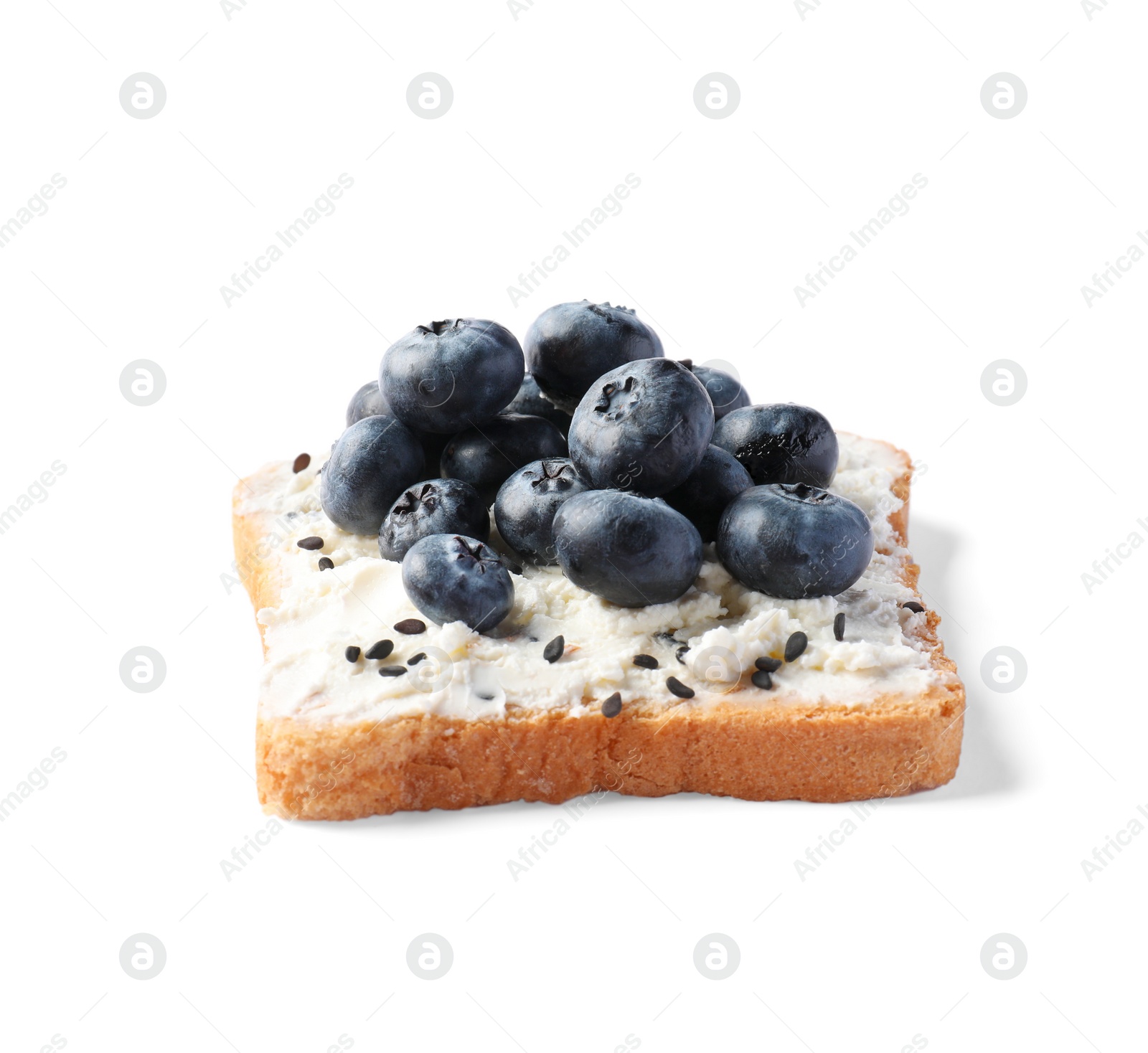 Photo of Delicious toast with cream cheese, blueberries and black sesame seeds isolated on white