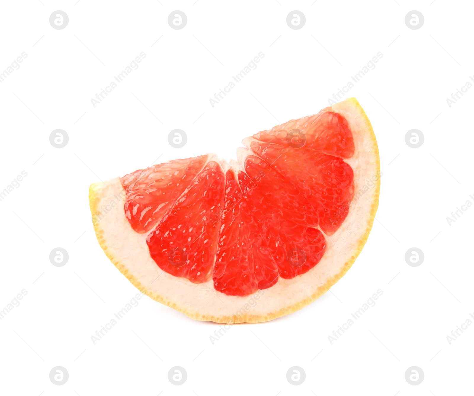 Photo of Slice of ripe juicy grapefruit on white background