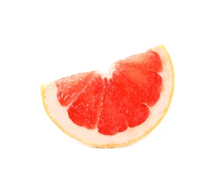 Photo of Slice of ripe juicy grapefruit on white background