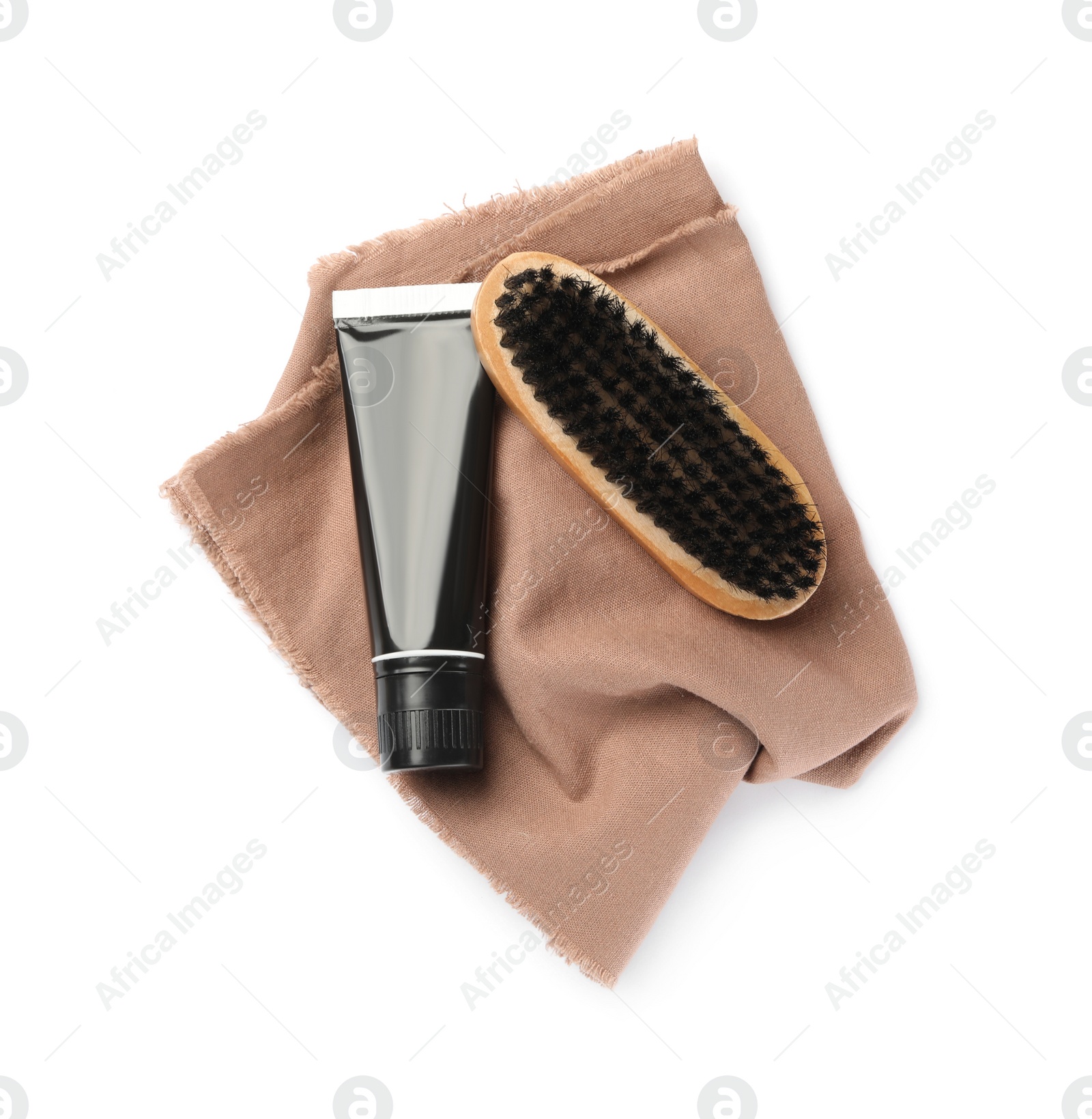 Photo of Different shoe care products on white background, top view