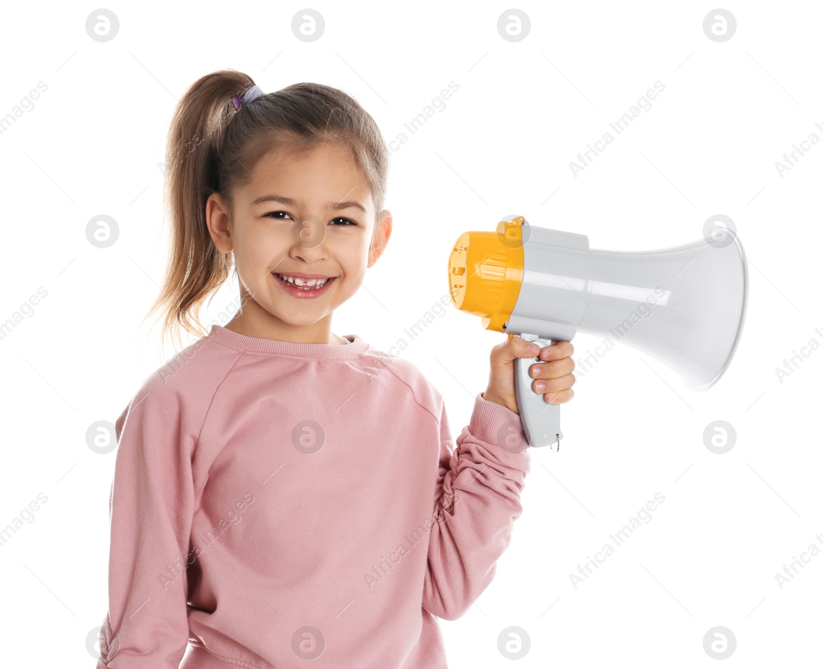 Photo of Cute funny girl with megaphone on white background