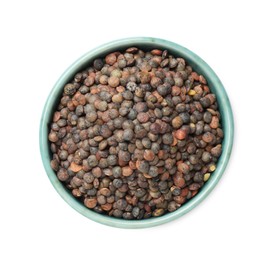 Photo of Raw lentils in bowl isolated on white, top view