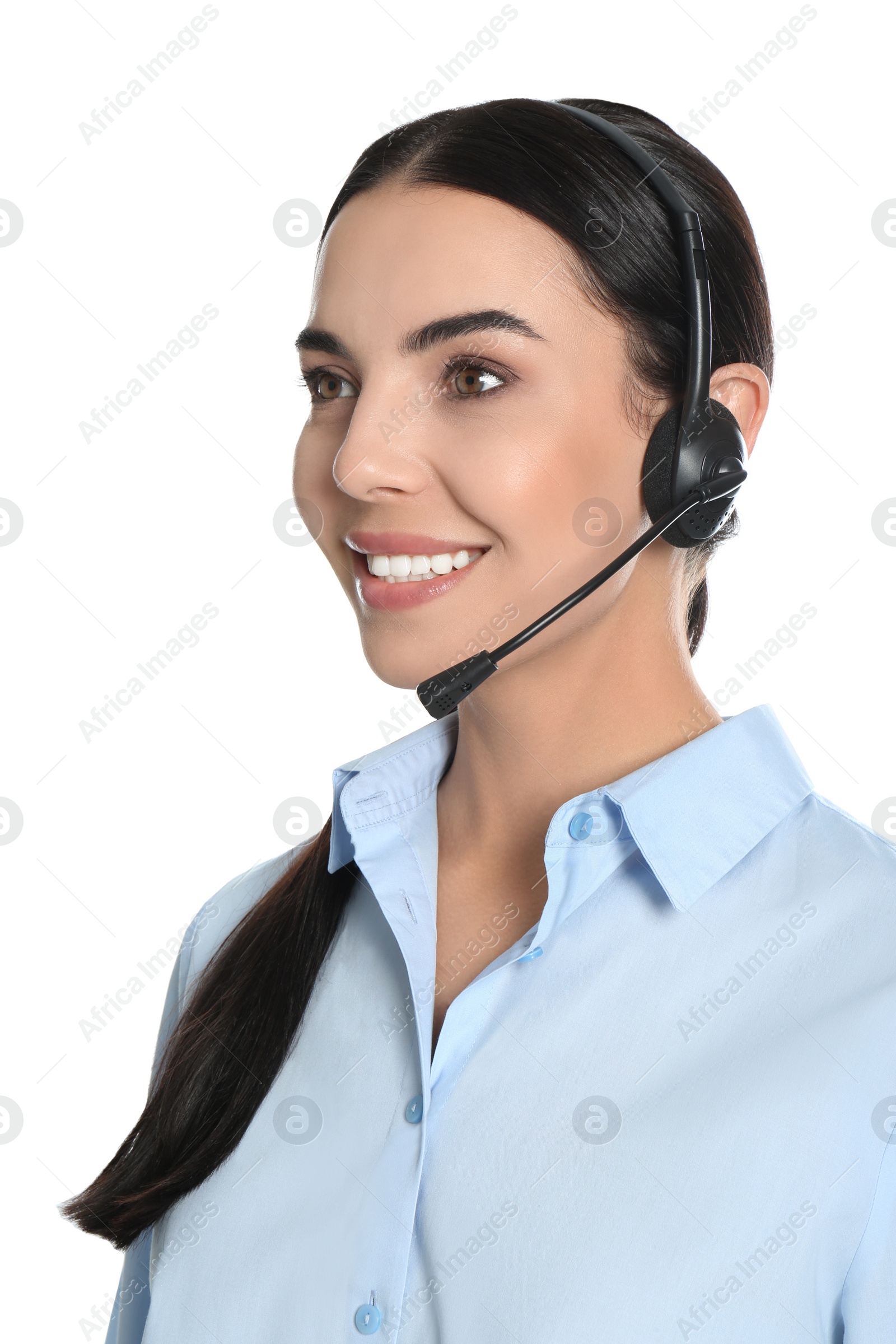 Photo of Beautiful young consulting manager with headset on white background