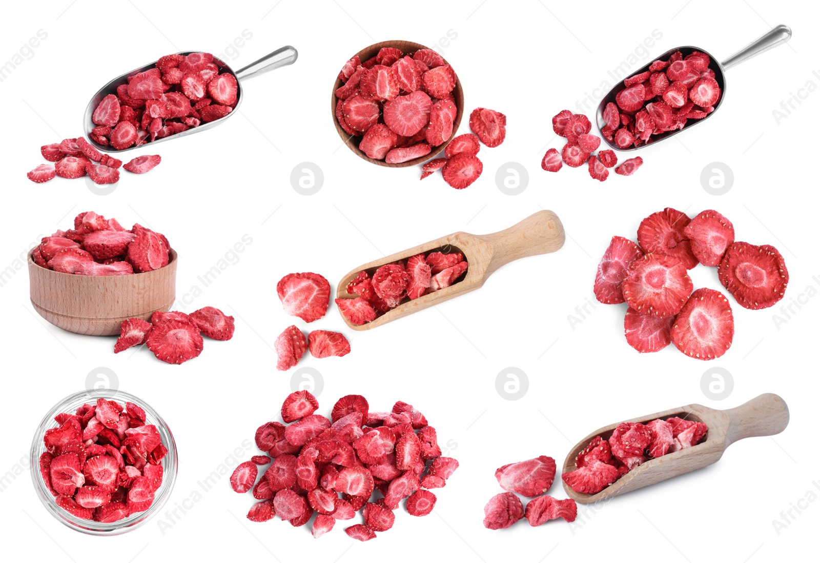 Image of Set with freeze dried strawberries on white background