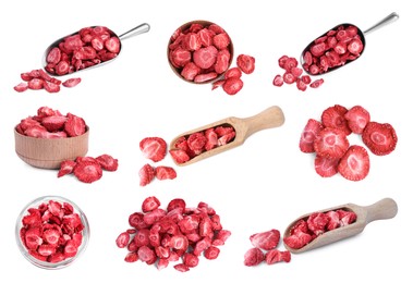 Image of Set with freeze dried strawberries on white background