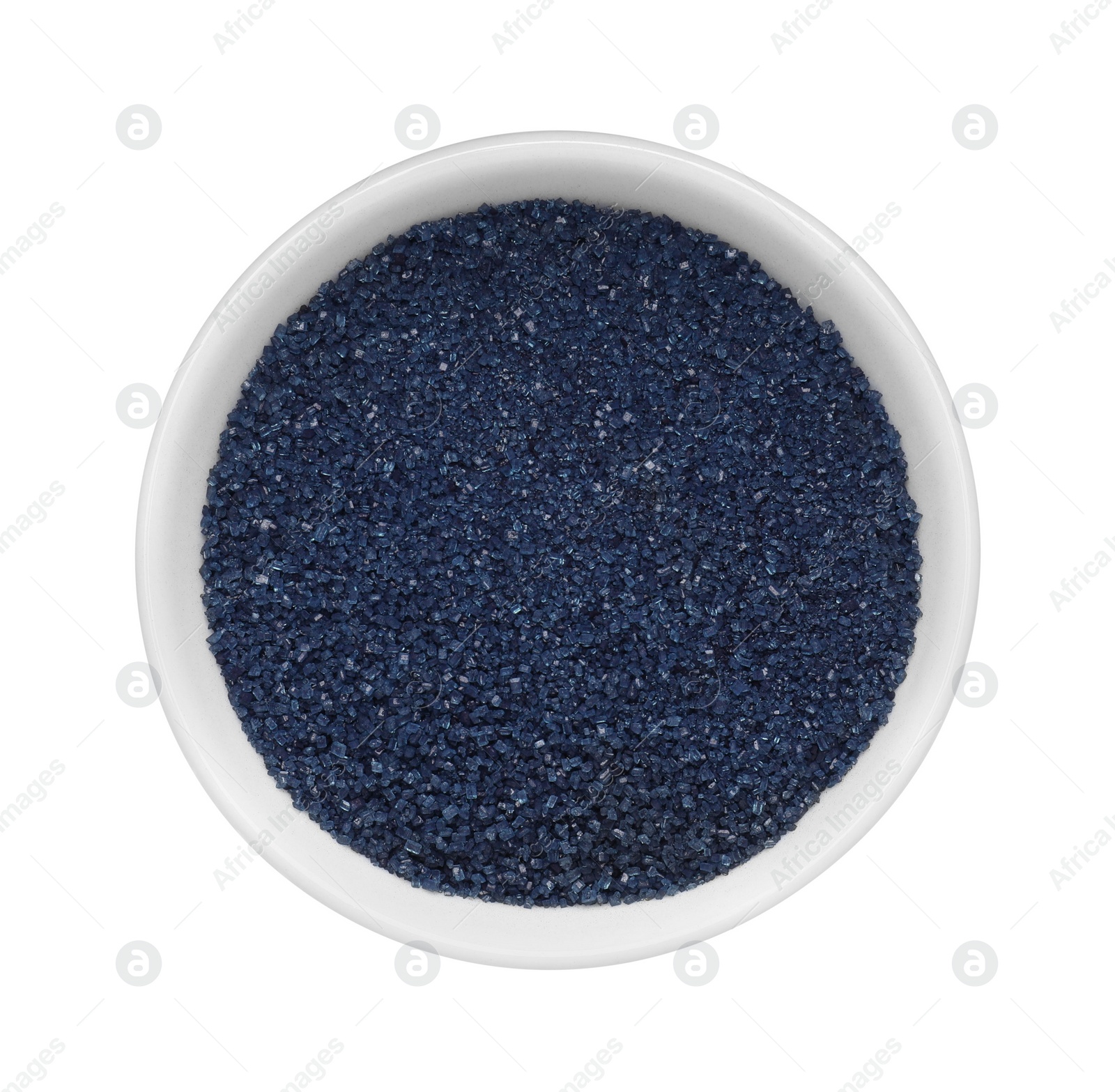 Photo of Bowl with blue food coloring isolated on white, top view