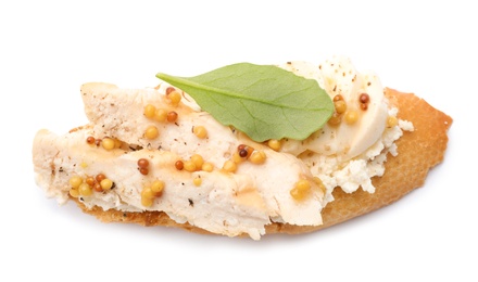 Photo of Delicious chicken bruschetta on white background, top view