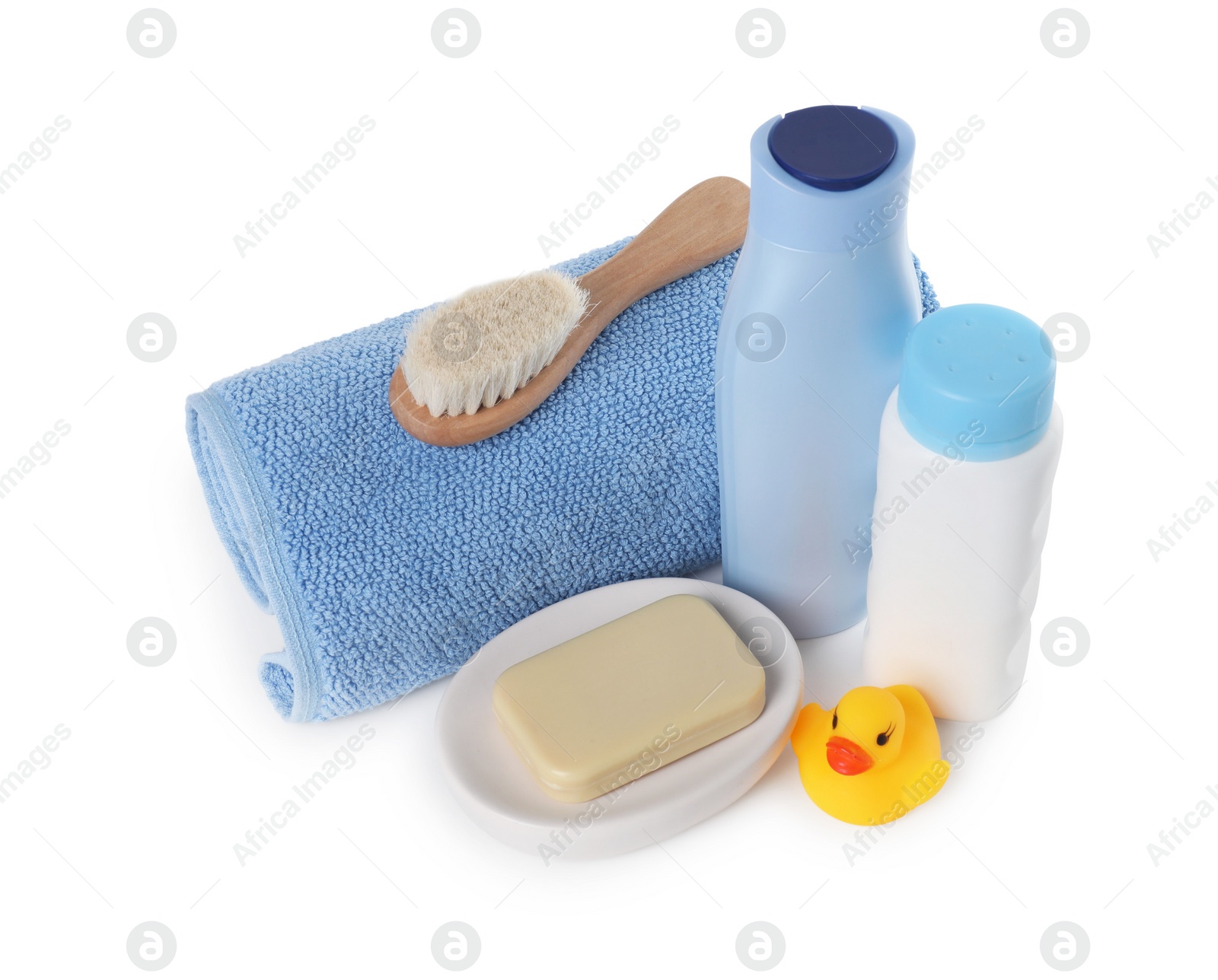 Photo of Baby cosmetic products, bath duck, brush and towel isolated on white, above view