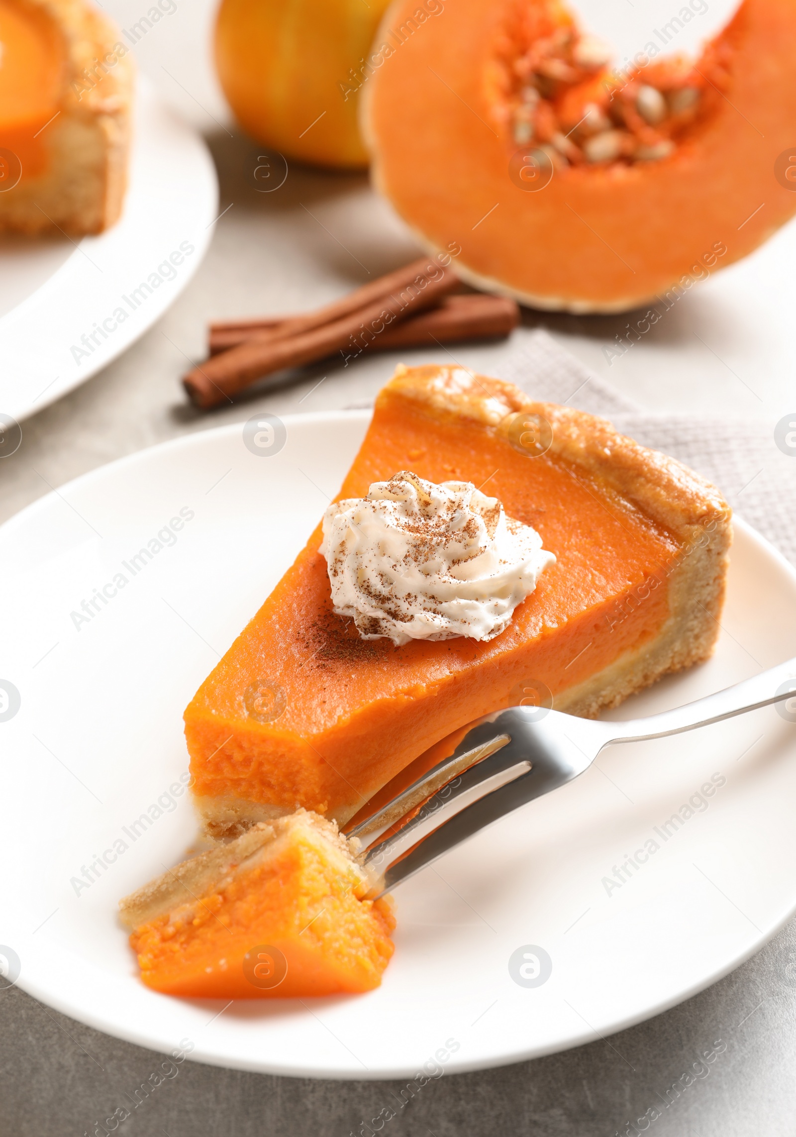 Photo of Plate with piece of fresh delicious homemade pumpkin pie on light table