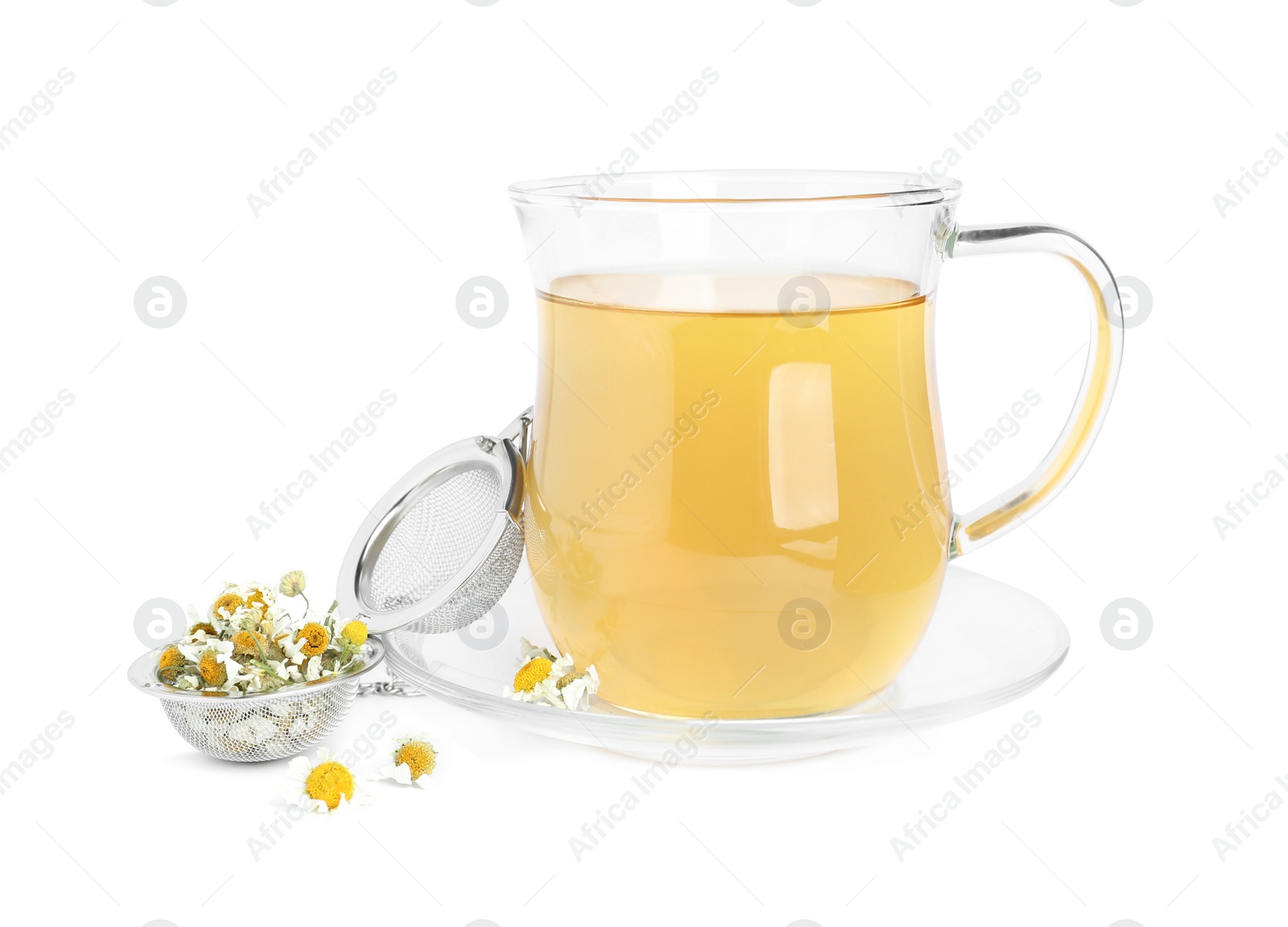 Photo of Fresh chamomile tea and dry flowers in infuser isolated on white