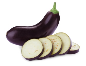 Cut and whole fresh ripe eggplants isolated on white