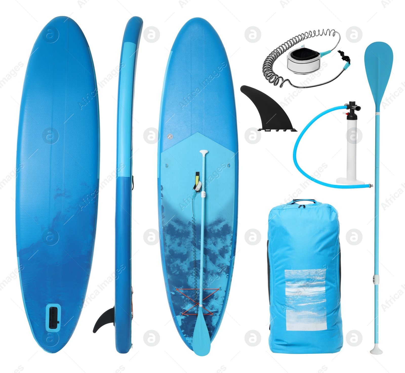 Image of SUP board and different equipment for stand up paddle boarding isolated on white, set