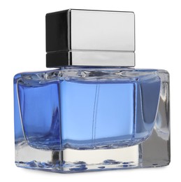 Photo of Blue men perfume in glass bottle isolated on white