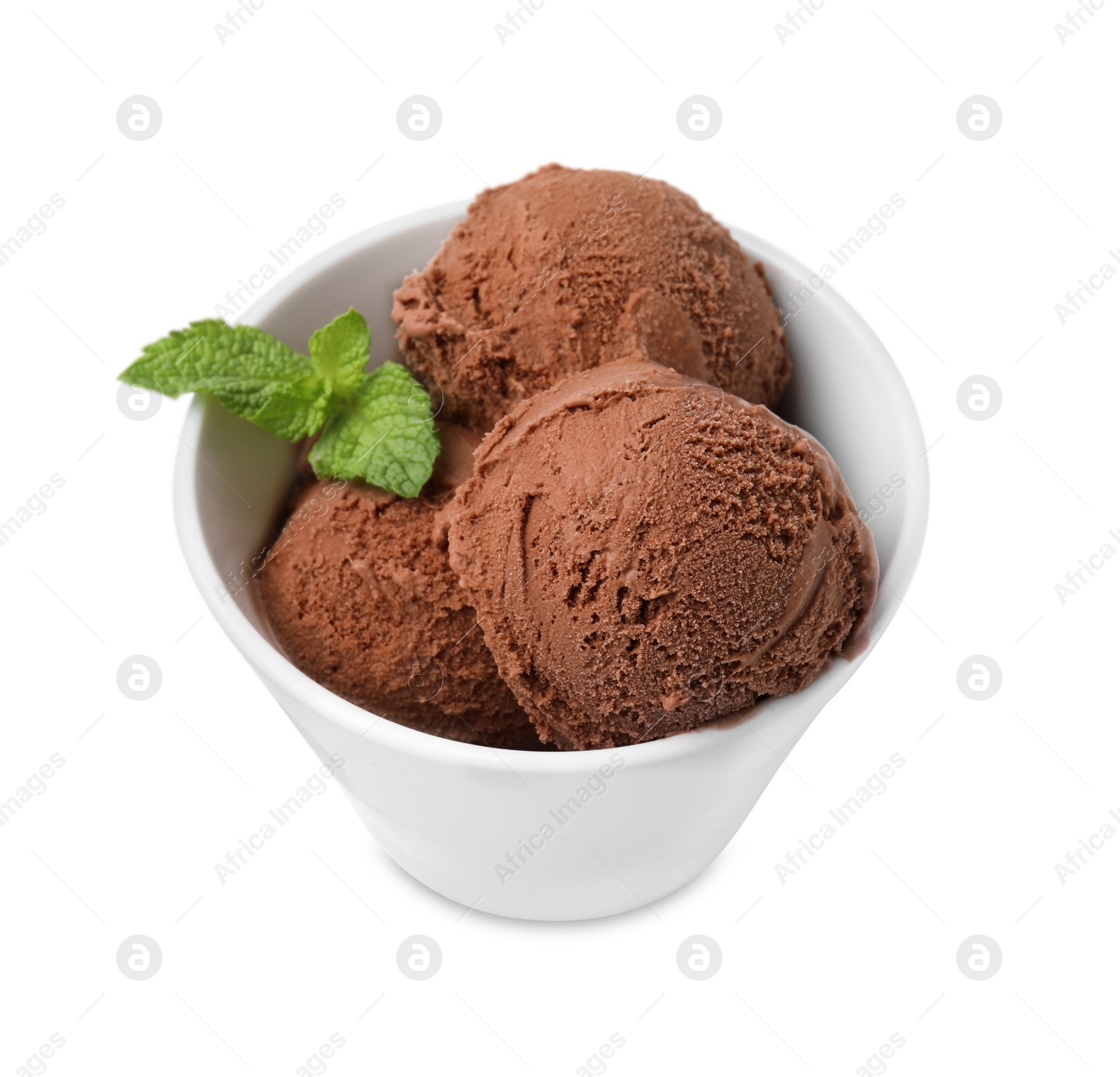 Photo of Bowl with tasty chocolate ice cream and mint leaves isolated on white