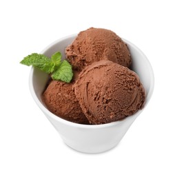 Photo of Bowl with tasty chocolate ice cream and mint leaves isolated on white