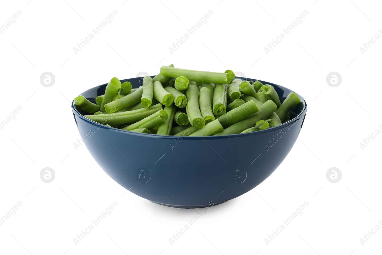 Photo of Fresh green beans in bowl isolated on white