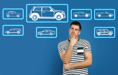 Image of Car buying. Man choosing auto on blue background