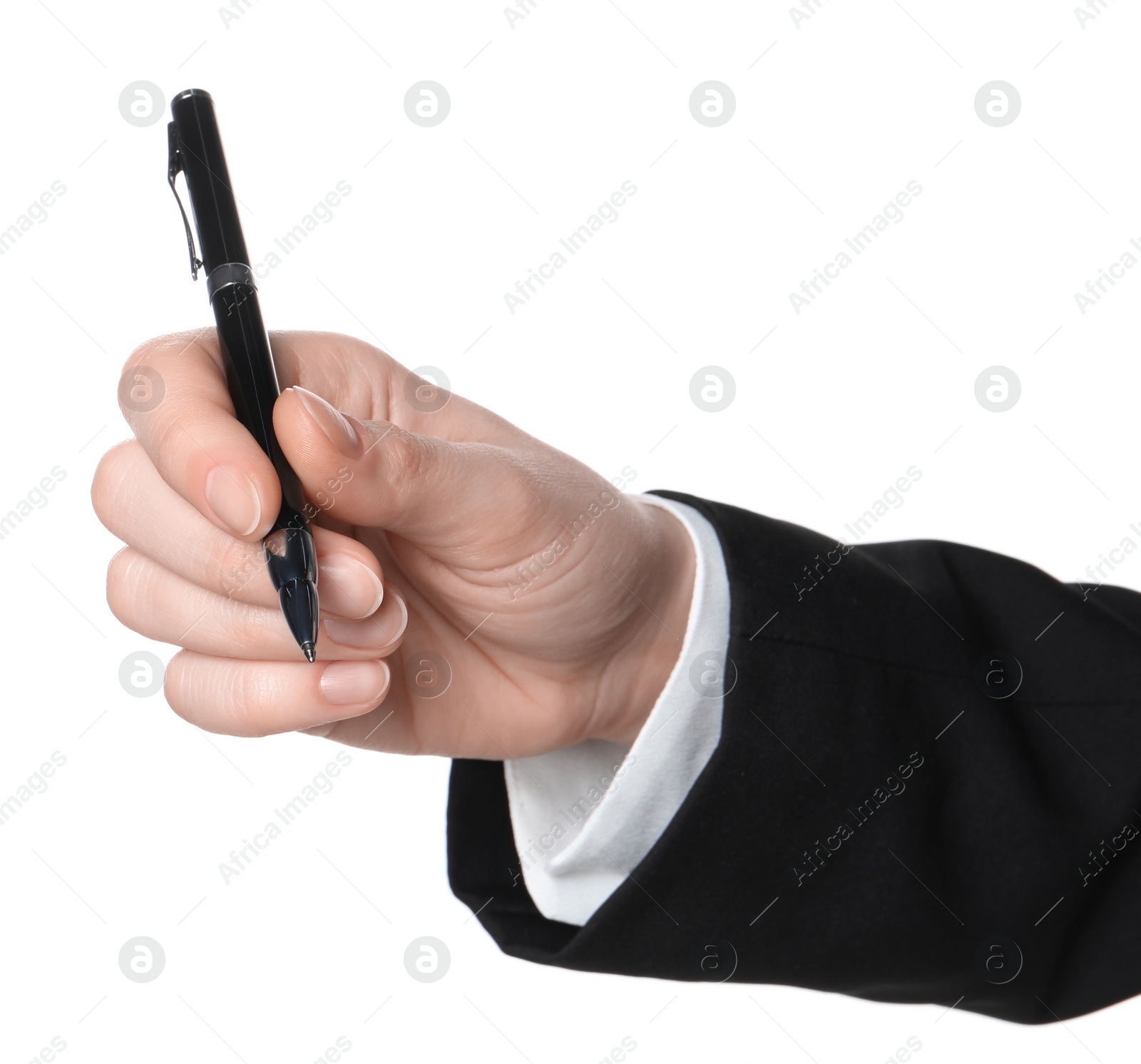 Photo of Woman holding pen on white background, closeup of hand