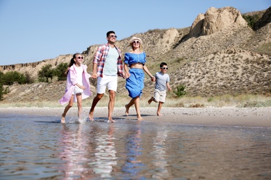 Happy family at beach on sunny summer day