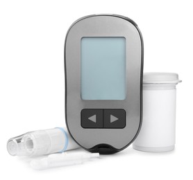 Photo of Digital glucometer, container, lancets and pen on white background. Diabetes control