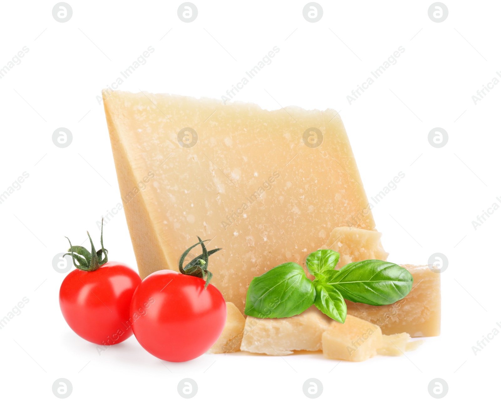 Image of Delicious parmesan cheese, cherry tomatoes and basil on white background