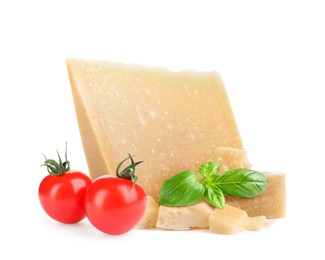 Image of Delicious parmesan cheese, cherry tomatoes and basil on white background