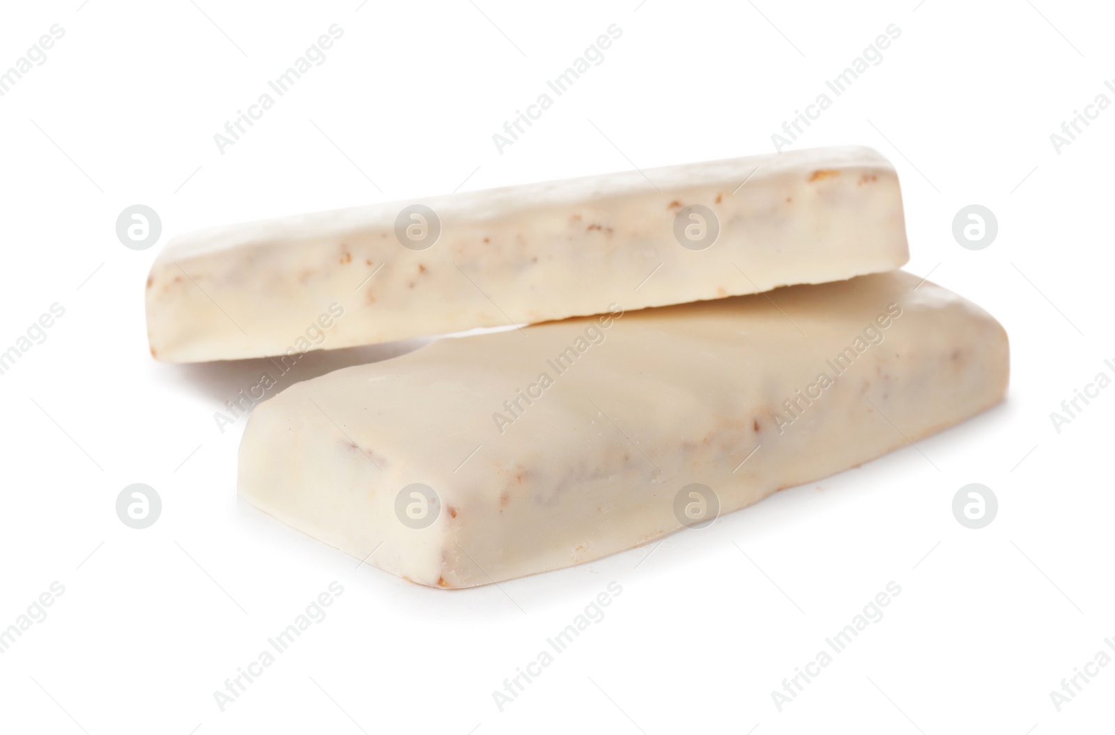 Photo of Tasty glazed protein bars on white background