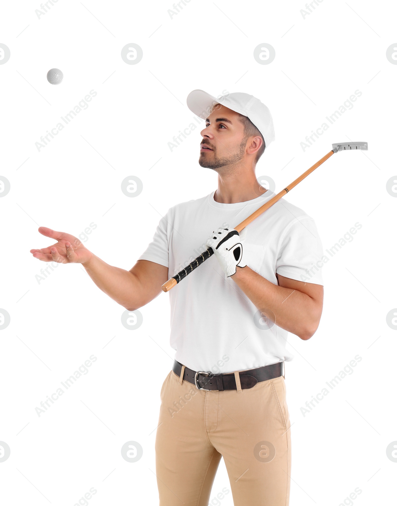 Photo of Portrait of young man with golf club and ball on white background