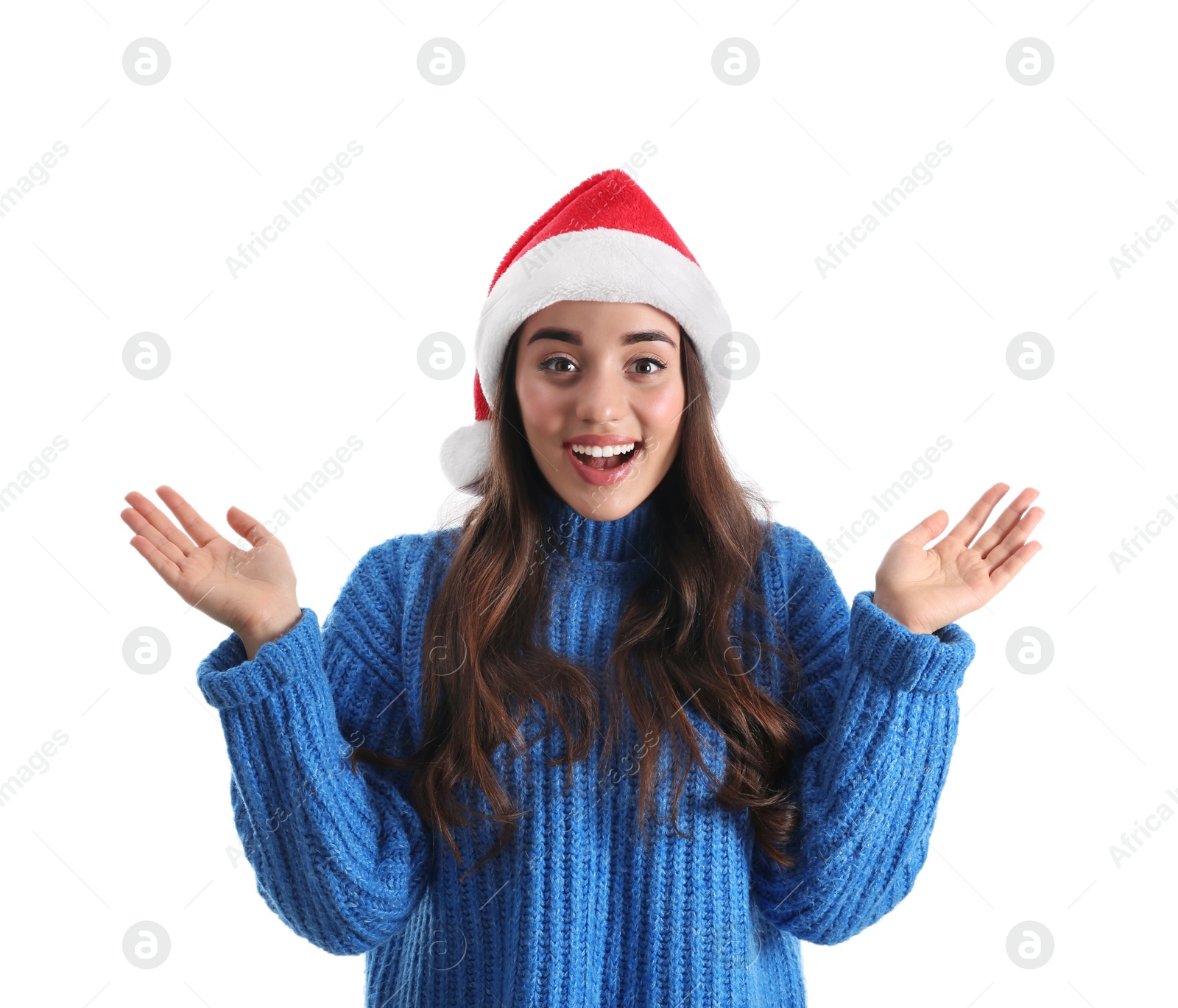 Photo of Beautiful emotional woman wearing Santa Claus hat on white background