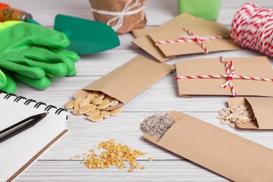 Photo of Many different vegetable seeds and notebook on white wooden table