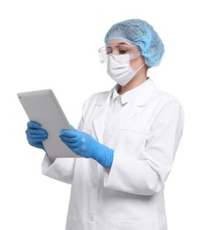 Photo of Quality control. Food inspector with tablet on white background