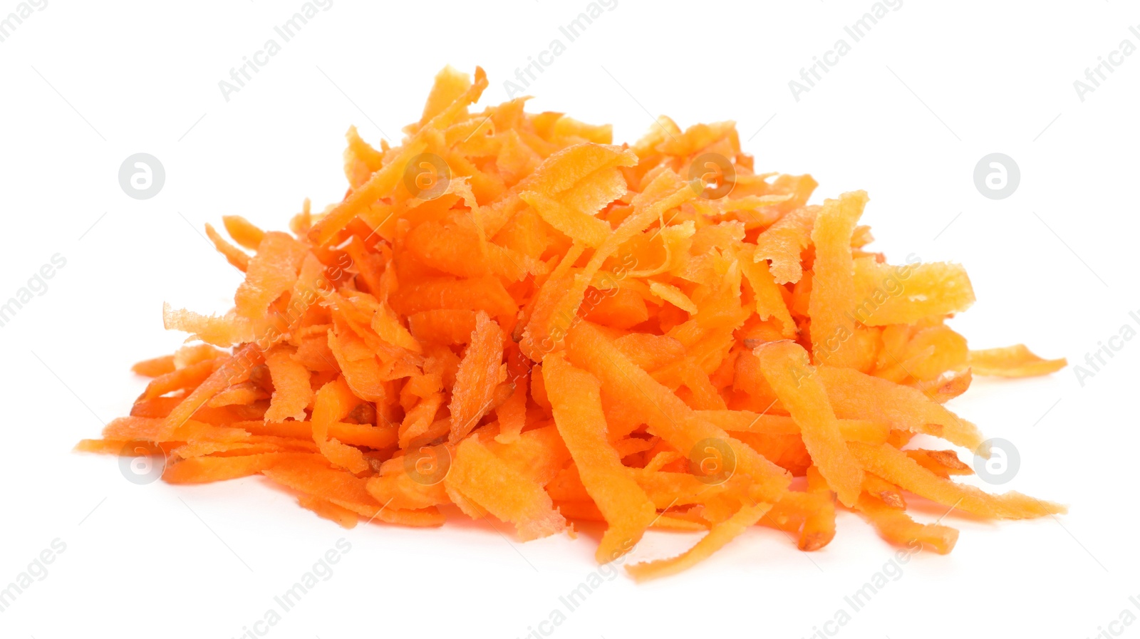 Photo of Pile of raw grated carrot isolated on white