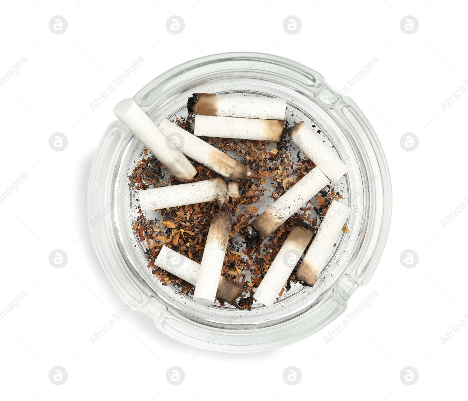 Photo of Glass ashtray full of cigarette stubs isolated on white, top view