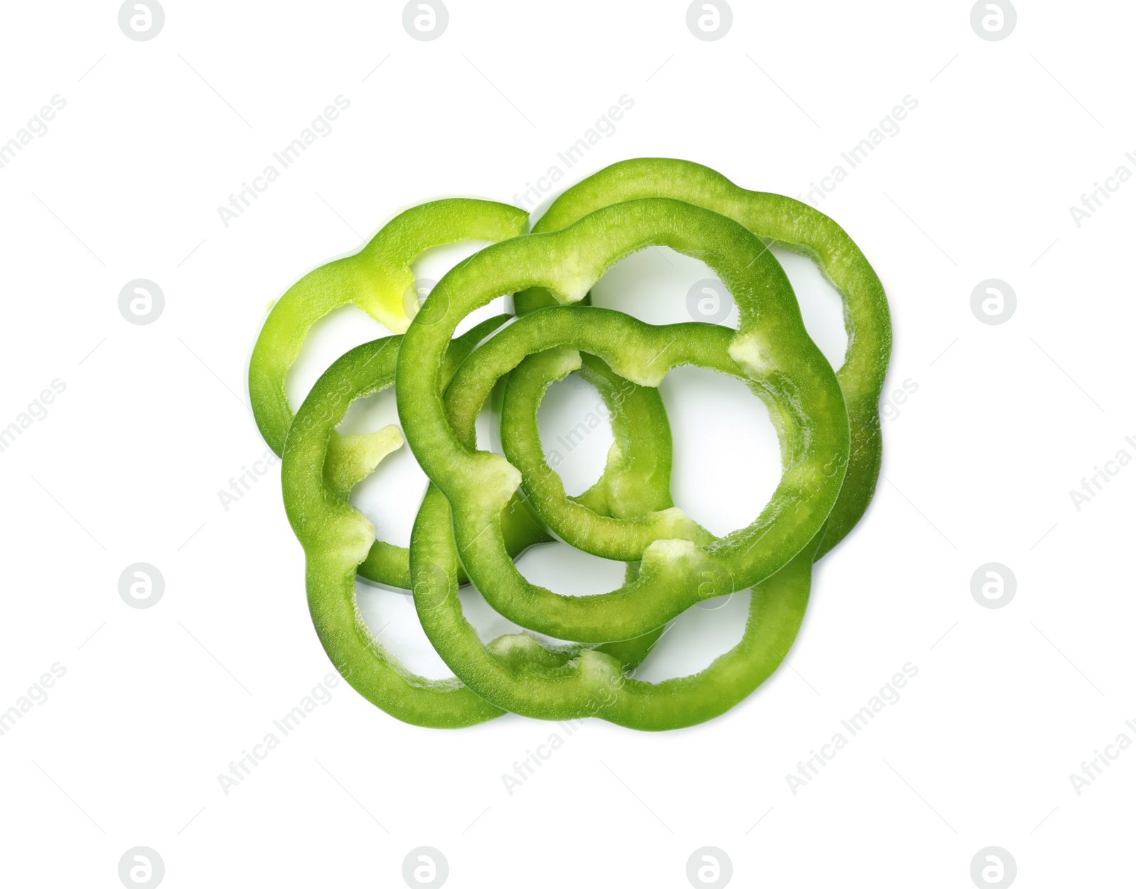 Photo of Rings of tasty green bell pepper on white background, top view