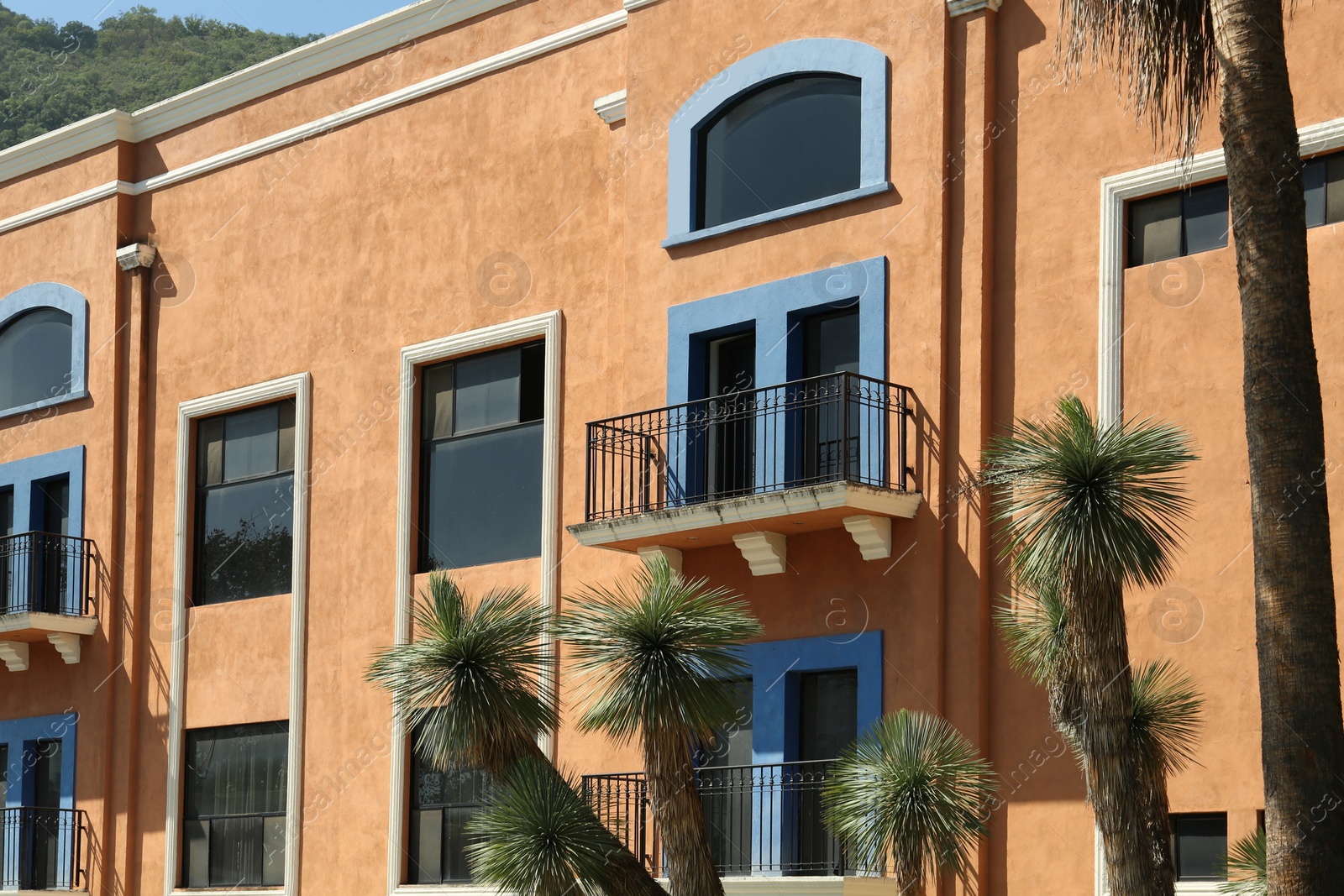 Photo of Beautiful building and palm trees with green leaves near mountains outdoors