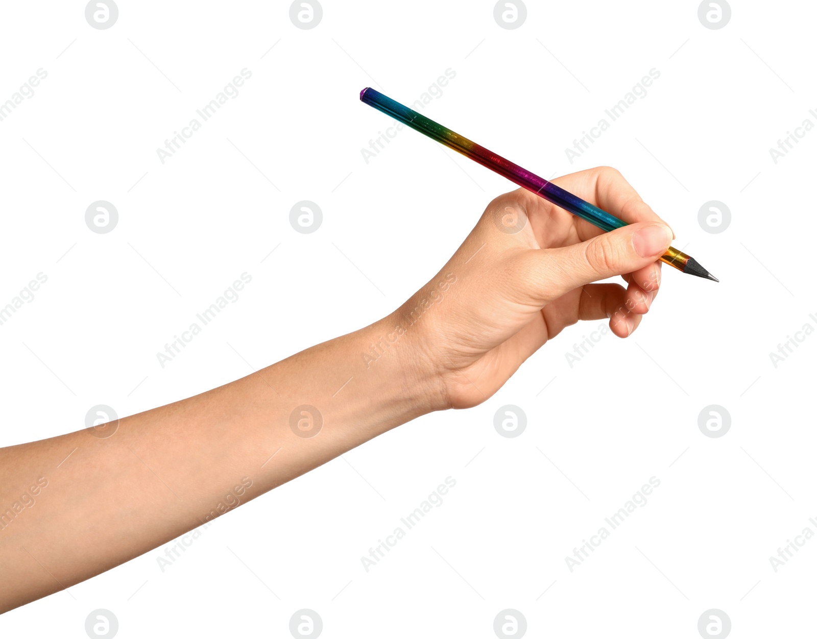 Photo of Young woman holding pencil on white background, closeup