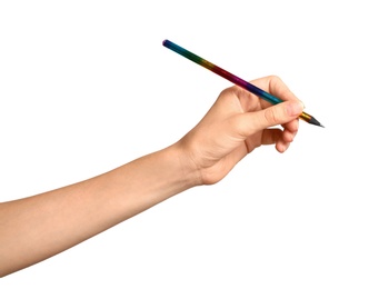 Photo of Young woman holding pencil on white background, closeup