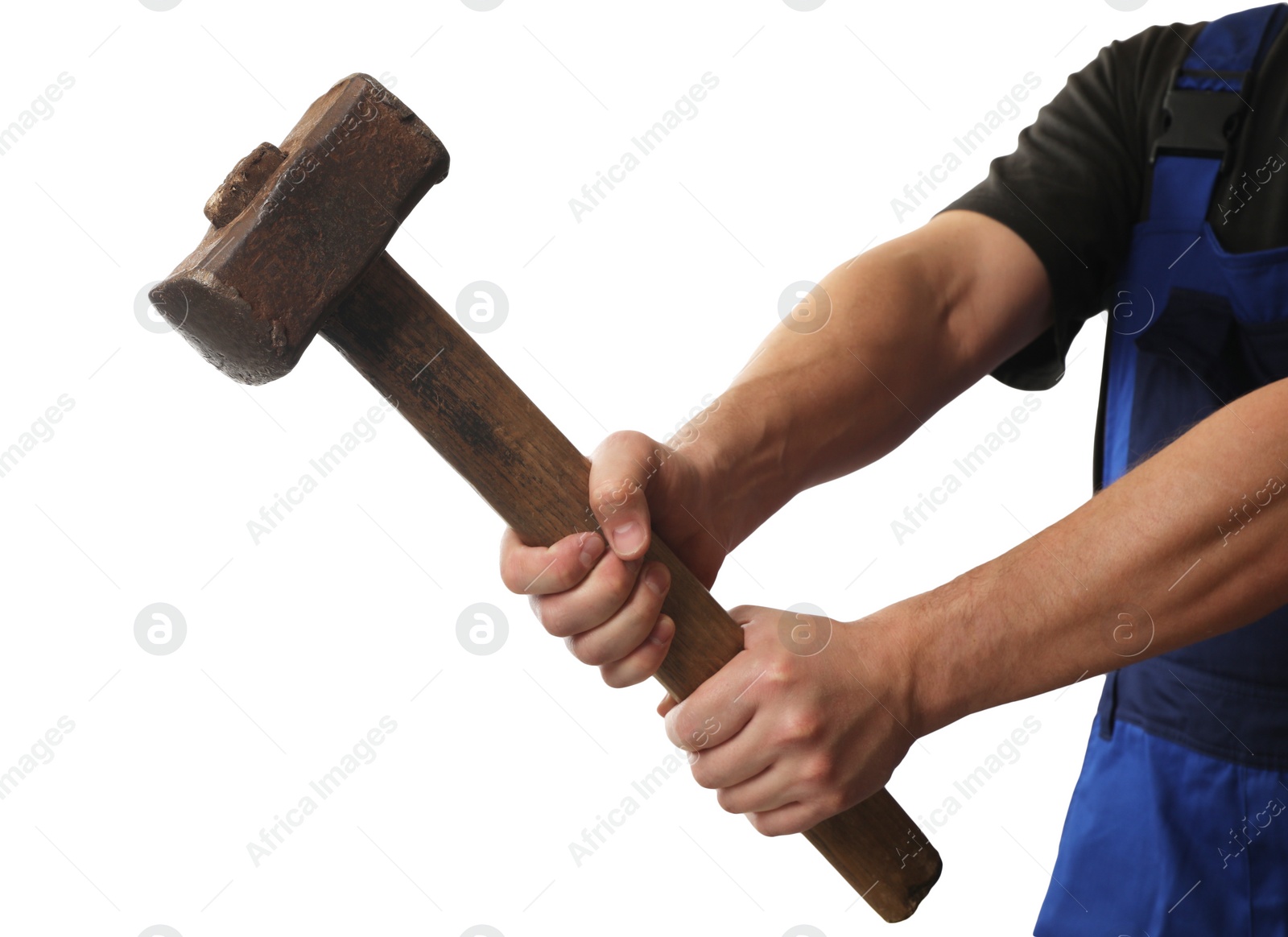 Photo of Man with sledgehammer on white background, closeup